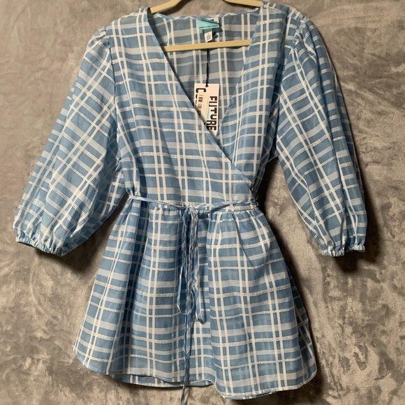 Blue Plaid Wrap Top Blouse Plus Size 1X Puff Sleeve Peplum Sheer Summer Festival - Picture 1 of 10